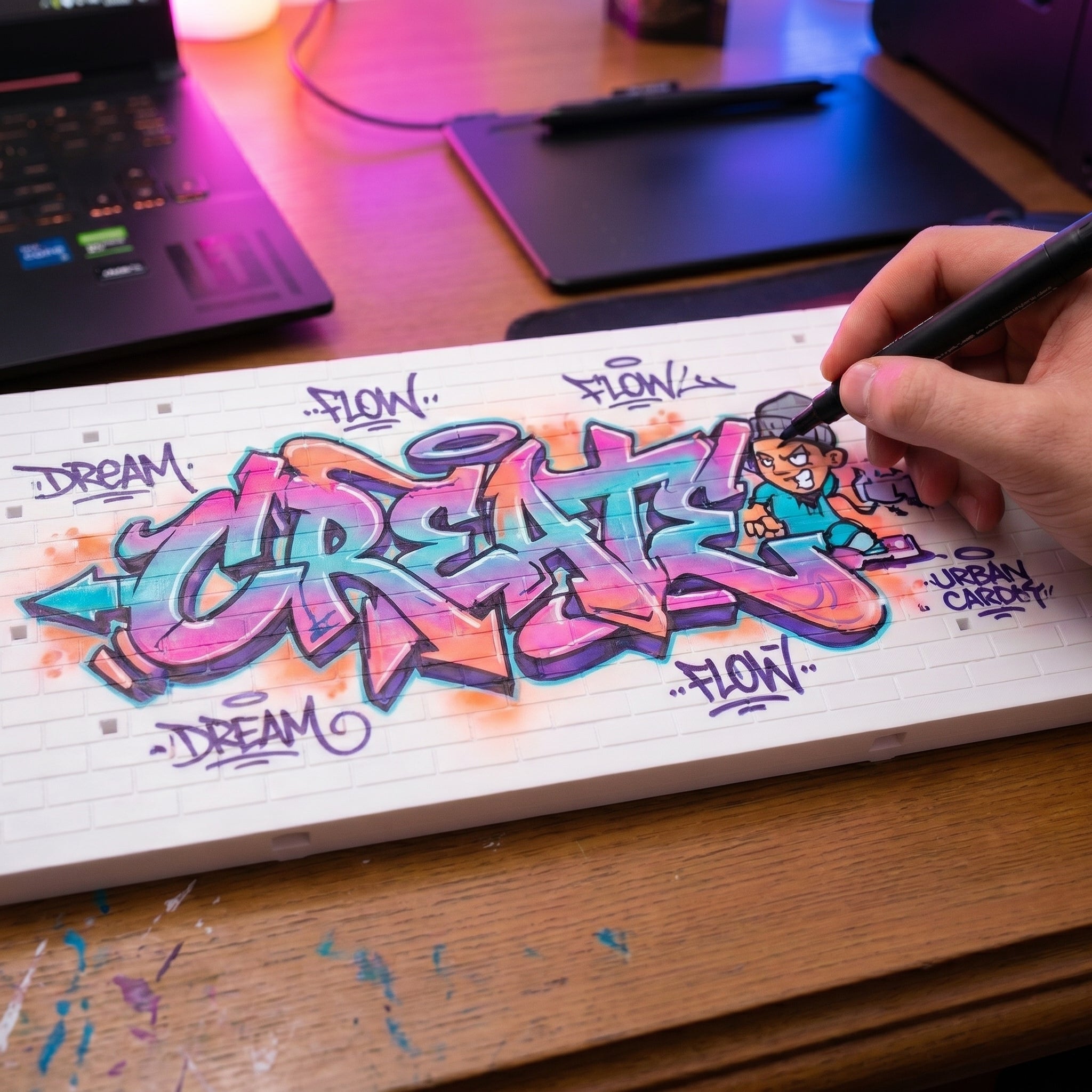 7 Elements Diorama "Hall of Fame" WITH BRICK TEXTURE for Graffiti Art 30x15 cm for drawing with acrylic markers