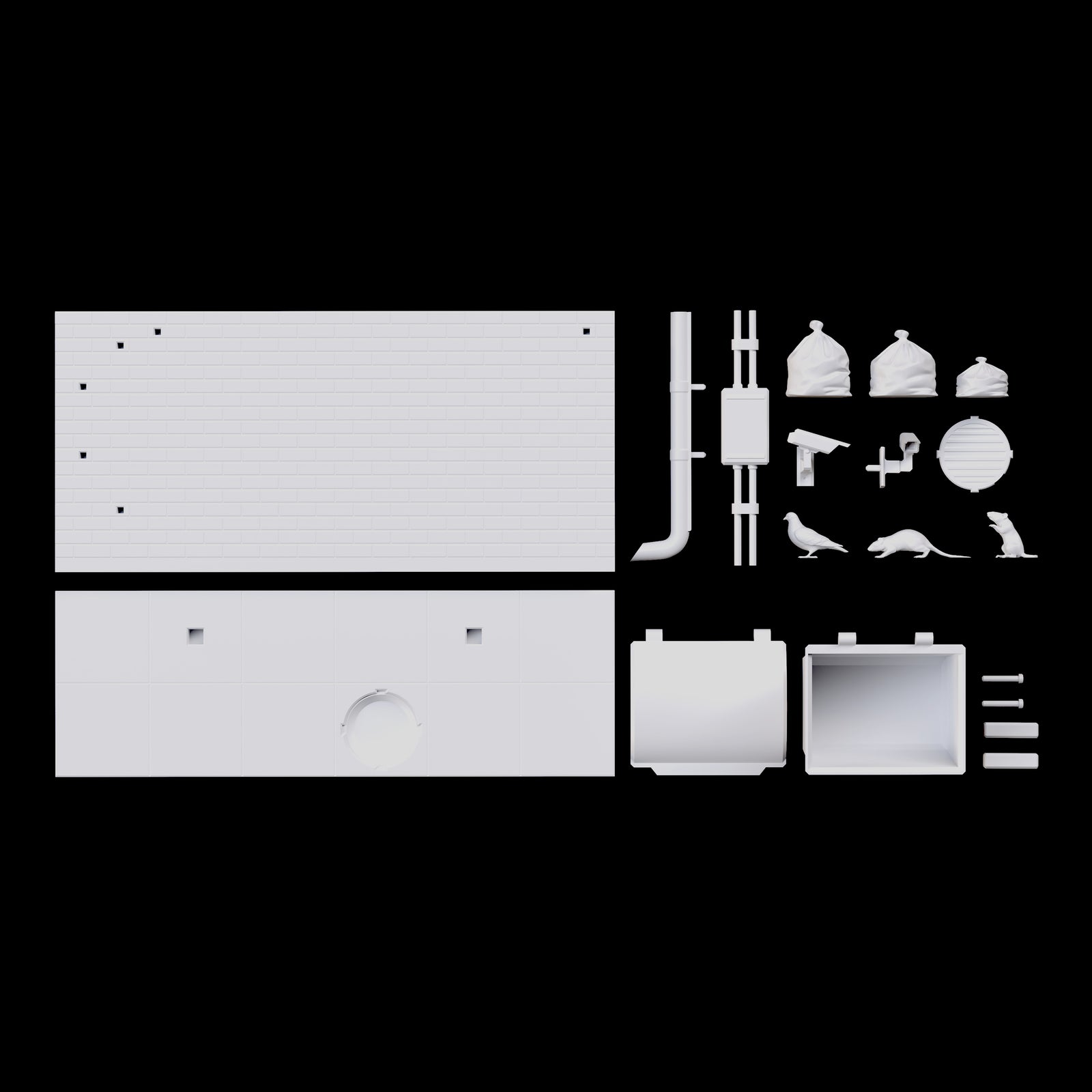 The individual pieces of a Legal Fame diorama kit